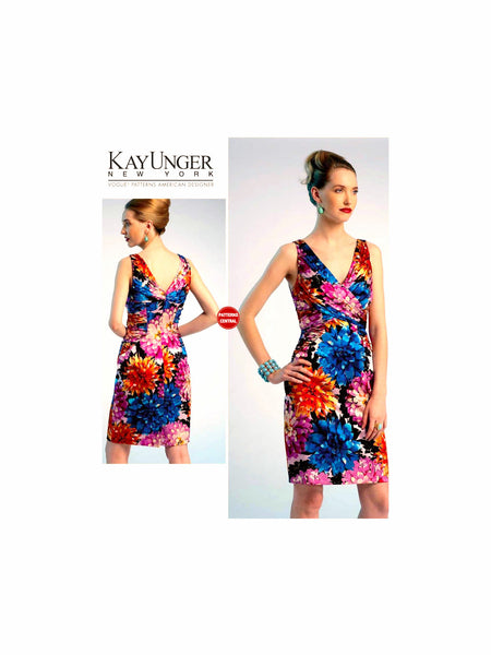 Vogue 1302 Kay Unger Side Draped/Ruched Dress with V-Neckline, Uncut, Factory Folded, Sewing Pattern Size 6-14