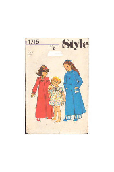 Style 1715 Sewing Pattern, Child's Nightdress and Dressing Gown, Size 6, Uncut, Factory Folded