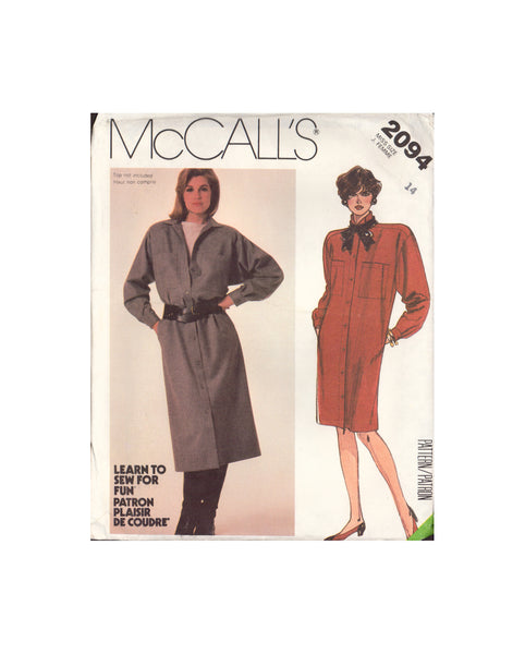 McCall's 2094 Sewing Pattern, Coat-Dress, Size 14, Cut, INCOMPLETE