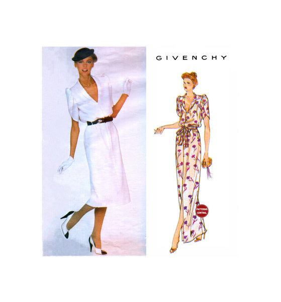 70s Sewing Pattern: Vogue 2165 Givenchy Dress with Shawl Collar and Tulip Hemline in Two Lengths Cut, Complete Size 12