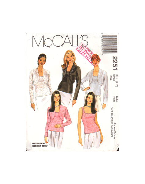 2251 McCall's Sewing Pattern Shrug Top Size 8-10 Uncut Factory Folded