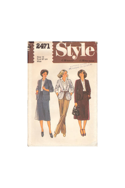 Style 2471 Sewing Pattern, Unlined Jacket, Skirt and Pants, Size 12, Cut, Complete