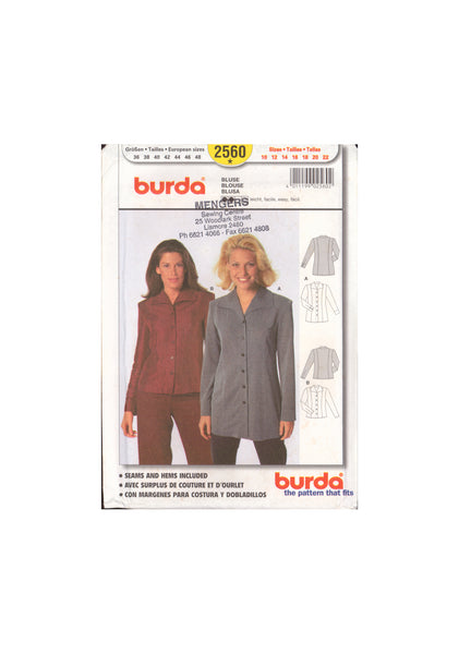 Burda 2560 Sewing Pattern, Women's Blouse, Size 10-22, Uncut, Factory Folded