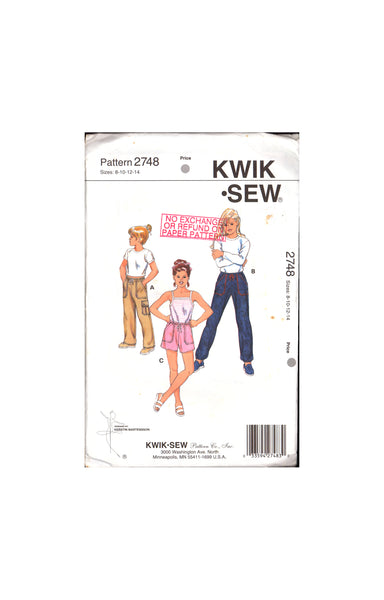 Kwik Sew 2748 Sewing Pattern Girls' Pants Shorts, Uncut, Factory Folded, Size 8-14