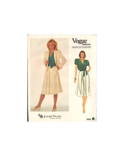 Vogue 2924 Joseph Picone Skirts, Blouses, Belt and Jacket, Size 10 or 16, CUT, COMPLETE