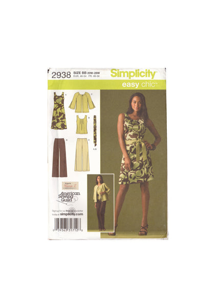 Simplicity 2938 Sewing Pattern, Dress or Top, Pants, Jacket and Tie Belt, Size 20W-28W, Uncut, Factory Folded