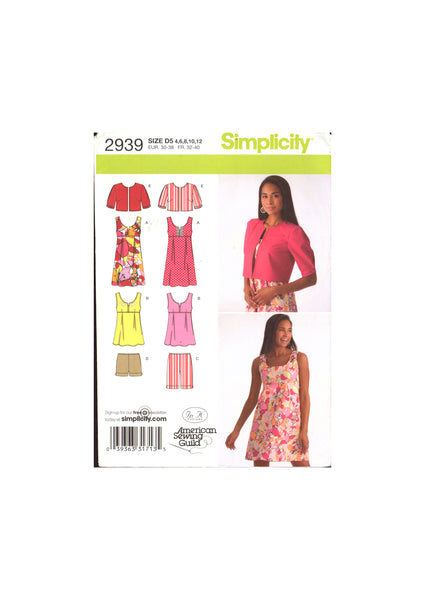 Simplicity 2939 Sewing Pattern Women's Jacket, Dress Or Top And Shorts Size 4-12 Uncut Factory Folded