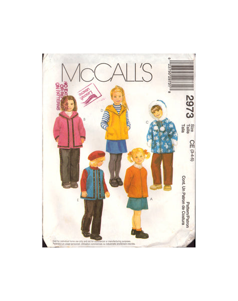 McCall's 2973 Sewing Pattern Child's Unlined Jacket or Vest, Skirt and Pants, Size 3-4-5, Uncut