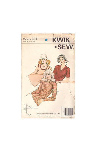 Kwik Sew 304 Sewing Pattern, Knit-Top, Size 14-20, Cut Apart, Incomplete