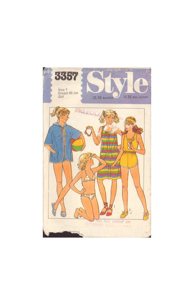 Style 3357 Sewing Pattern, Girls' Short Dress or Top, Shorts, Robe and Bikini, Size 7, CUT, COMPLETE