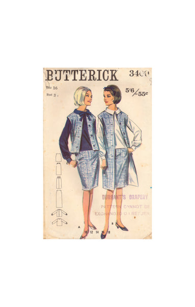 Butterick 3400 Sewing Pattern, Skirt,  Blouse and Jacket or Coat, Size 16, Cut, Complete