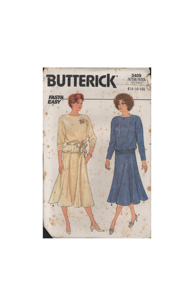 Butterick 3409 Sewing Pattern, Top, Skirt and Belt, Size 14-16-18, Uncut, Factory Folded