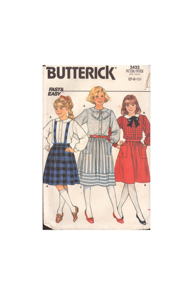 Butterick 3433 Sewing Pattern, Girls' Blouse and Skirt, Size 7, 8, 10, Partially Cut, Complete