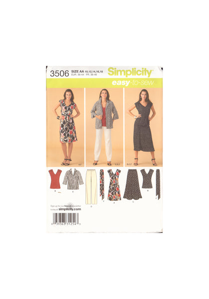 Simplicity 3506 Sewing Pattern Dress, Top, Skirt, Pants, Jacket, Belt, Size 10-18, Uncut, Factory Folded