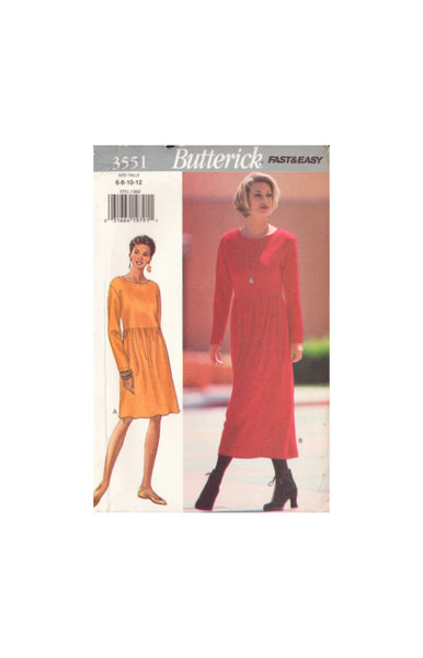 Butterick 3551 Sewing Pattern, Dress, Size 6-8-10-12, Uncut, Factory Folded