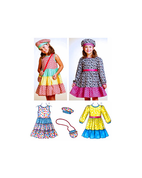 Kwik Sew 3767 Girls' Dresses, Hat and Bag, Uncut, Factory Folded Sewing Pattern Size 4-8