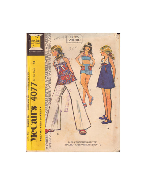 McCall's 4077 Sewing Pattern, Girls' Sundress or Top, Halter and Pants or Shorts, Size 10, Neatly Cut, Complete