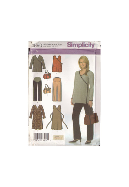 Simplicity 4890 Maternity Dress or Top, Pants and Bag, Size 16-24, Uncut, Factory Folded