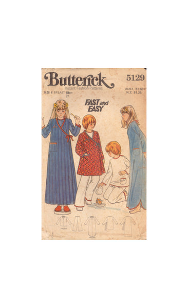 Butterick 5129 Sewing Pattern, Girl's Nightgown, Pajamas And Robe, Size 8, Partially Cut, Complete