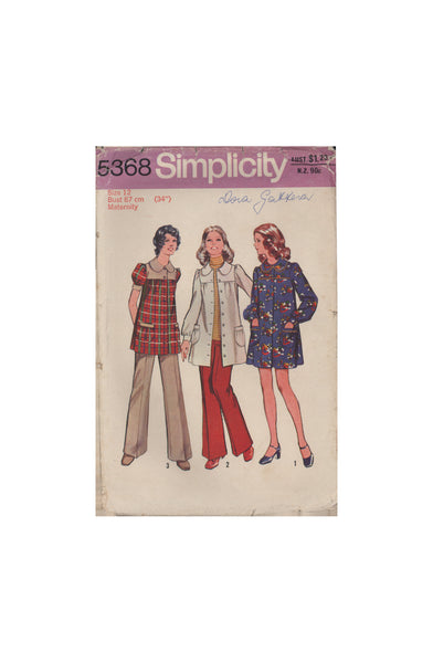 Simplicity 5368 Maternity Mini Smock-Dress or Smock-Top and Pants, Size 12, Partially Cut, Complete