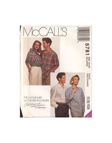 McCall's 5781 Sewing Pattern, Men's or Women's Shirt, Size 32.5-34 or Size 44-46, Uncut, Factory Folded