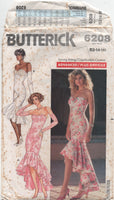 80s Sewing Pattern: Butterick 6208 Lined, Sweetheart Bodice, Waterfall Dress in Two Lengths, Various Sizes (read description)