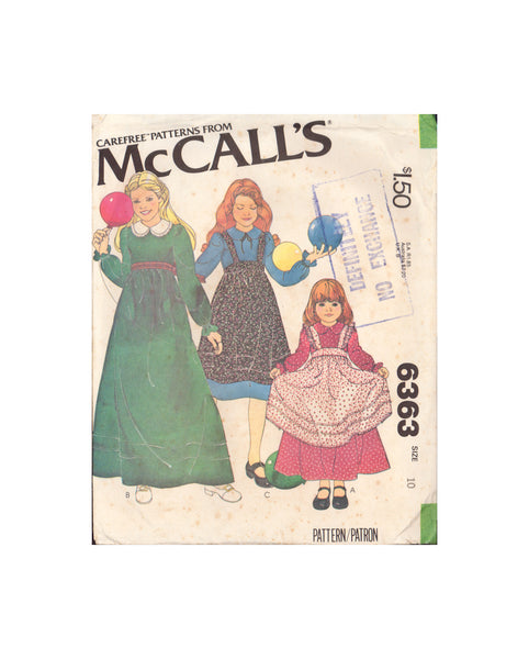 McCalls 6363 Sewing Pattern, Children's and Girls' Dress and Pinafore, Size 10, Partially Cut, Complete