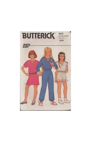 Butterick 6575 Sewing Pattern, Girls' Dress or Jumpsuit Size 12-14, CUT, COMPLETE