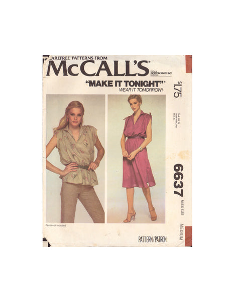 McCall's 6637 Sewing Pattern, Dress or Top, Size Medium, Cut, Complete