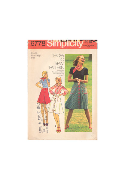 Simplicity 6778 Sewing Pattern, Front-Button Skirt, Size 12, Cut, Complete