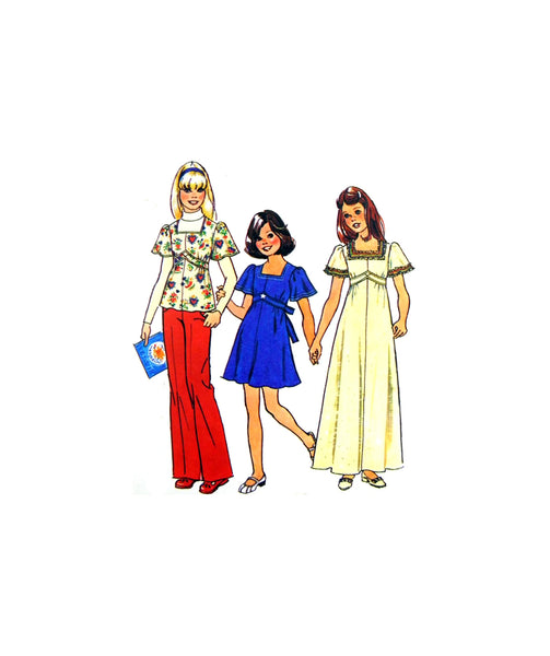 Simplicity Jiffy 6867 Girl's Dress with Empire Bodice in Two Lengths or Top with Bell Sleeves Cut, Complete, Sewing Pattern Size 8 Breast 69 cm