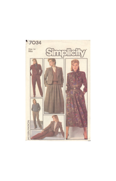 Simplicity 7034 Women's Pants, Skirt, Jacket and Blouse with Detachable Tie, Size 14, Cut, Complete