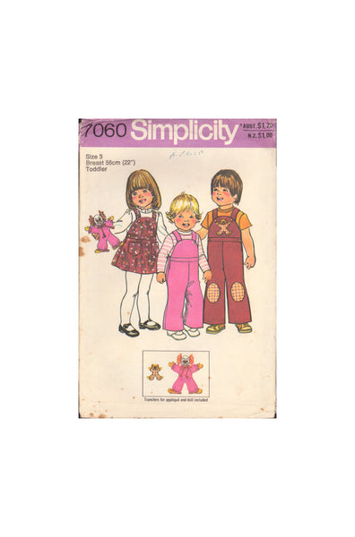 Simplicity 7060 Sewing Pattern, Toddler's Overalls, Jumper and Doll, Size 3, Partially Cut, Complete