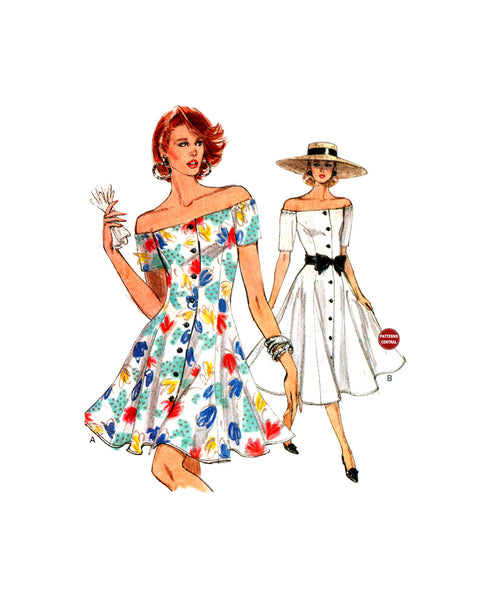 80s Dress Sewing Pattern: Vogue 7243 Fit and Flare, Off the Shoulder Dress in Two Lengths, Uncut, Size 12-16