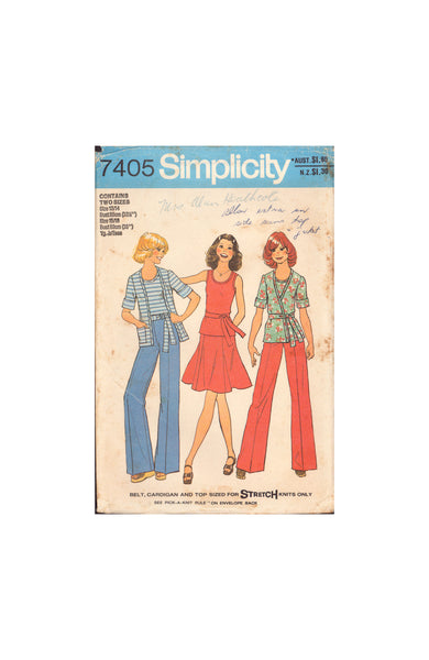 Simplicity 7405 Sewing Pattern, Girls' Cardigan, Top, Skirt and Pants, Jr. Size 13/14-15/16, Partially Cut, Complete