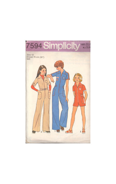 Simplicity 7594 Sewing Pattern, Girls' Jumpsuit, Size 12, Partially Cut, Complete