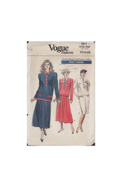 Vogue 7611 Sewing Pattern Top Skirt, Size 18-20-22, Uncut, Factory Folded