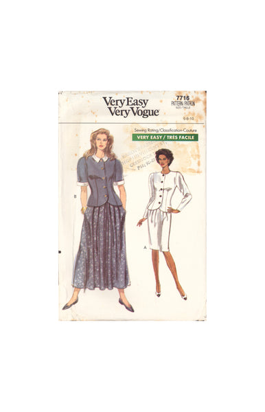 Vogue 7716 Sewing Pattern, Top and Skirt, Size 6-8-10, Uncut, Factory Folded