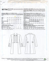 McCall's 7794 Outlander Faux Leather Lined Coat with Decorative Buttons, Uncut, Factory Folded Sewing Pattern Various Sizes