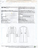 McCall's 7794 Outlander Faux Leather Lined Coat with Decorative Buttons, Uncut, Factory Folded Sewing Pattern Various Sizes