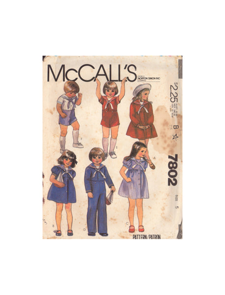 McCall's 7802 Sewing Pattern, Toddler's and Children's Dress, Shirt, Pants and Shorts, Size 5, Cut, INCOMPLETE