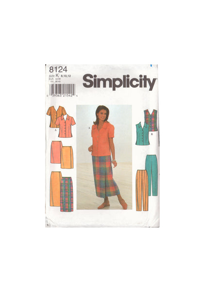 Simplicity 8124 Sewing Pattern, Blouse, Skirt and Pants, Size 8-10-12, Uncut, Factory Folded