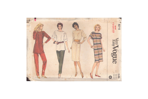 Vogue 8215 Sewing Pattern, Misses' Top or Dress and Pants, Size 18-20-22, Uncut, Factory Folded