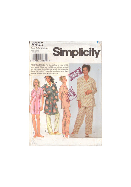Simplicity 8905 Sewing Pattern, Misses' Pajamas and Robe, Size XS-S, Cut, Complete