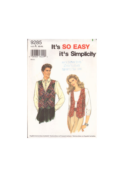 Simplicity 9285 Sewing Pattern, Women's, Men's or Teen's Vest, Size XS-MD, Cut, Complete