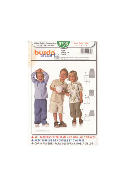 Burda 9793 Sewing Pattern Children's Pants Size 2-6, Cut, INCOMPLETE