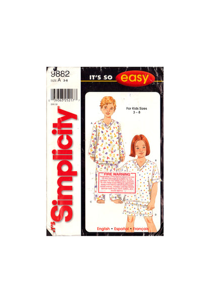 Simplicity 9882 Sewing Pattern Child's Pajama Top and Pants or Shorts Size 3-8 Uncut Factory Folded