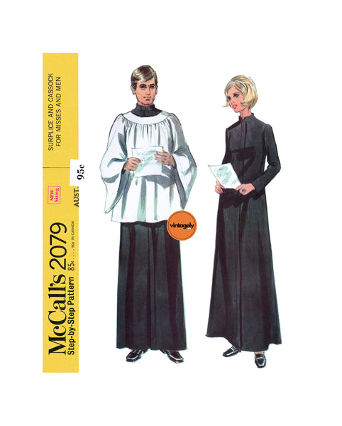 60s Mens' or Womens' Surplice and Cassock, Various Sizes, McCall's 2079, Vintage Sewing Pattern Reproduction