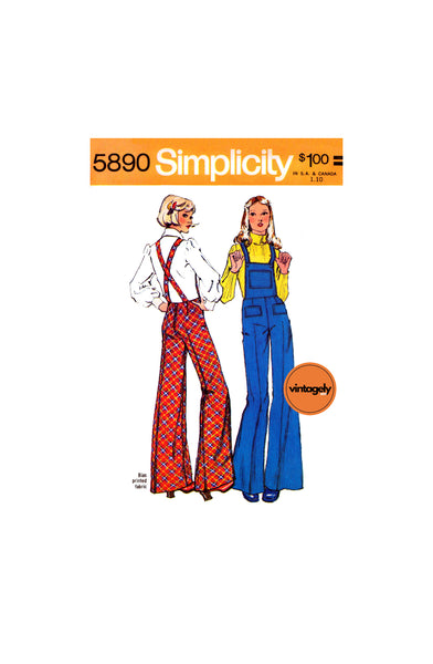 70s Rare Bell Bottom Overalls with Crossover Suspenders, Size 8, 10 or 12, Simplicity 5890 Vintage Sewing Pattern Reproduction