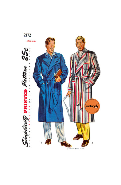 40s Classic Men's Robe with Large Pockets, Chest 38-40 (97-102 cm), Simplicity 2172, Vintage Sewing Pattern Reproduction